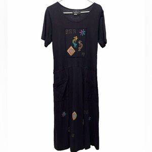 Vintage maxi dress Womens size small black artsy neon Kokopelli sun 90s jumper